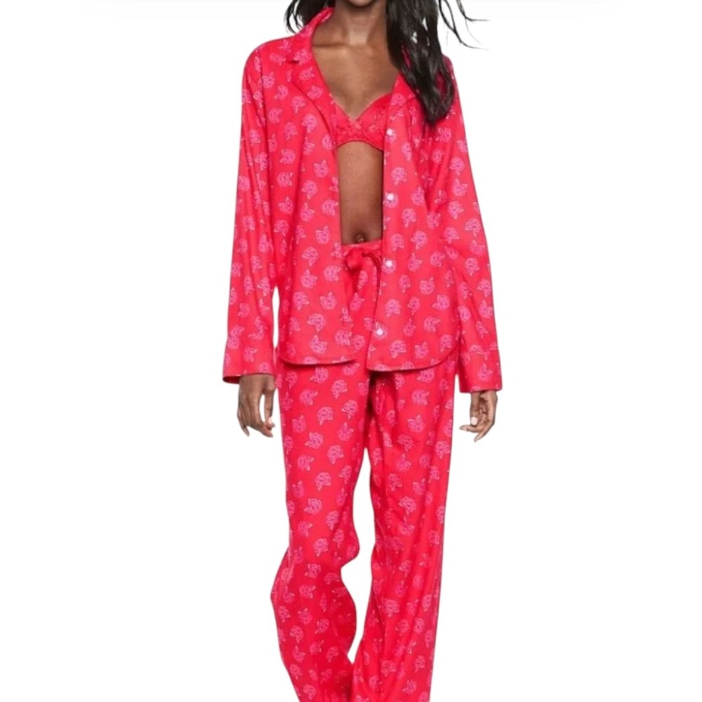 VICTORIA'S SECRET Flannel Pajamas Red Roses Floral PANTS & BUTTON-UP TOP sz M